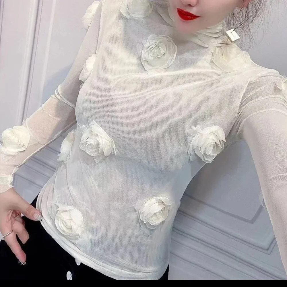 🎉New 24’Spring Summer 3-D Pink Solid Flower Stretch Mesh Turtleneck Top - Picture 10 of 10